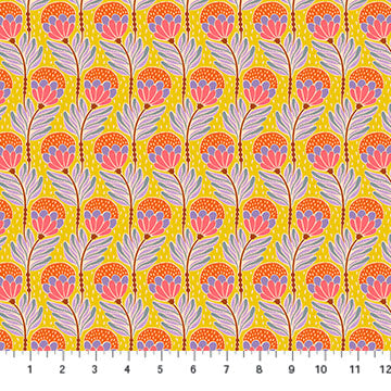 Shooting Star Bouncy Blooms Saffron Yellow Anna Maria Parry Northcott Cotton Fabric NC-AMT117-54L