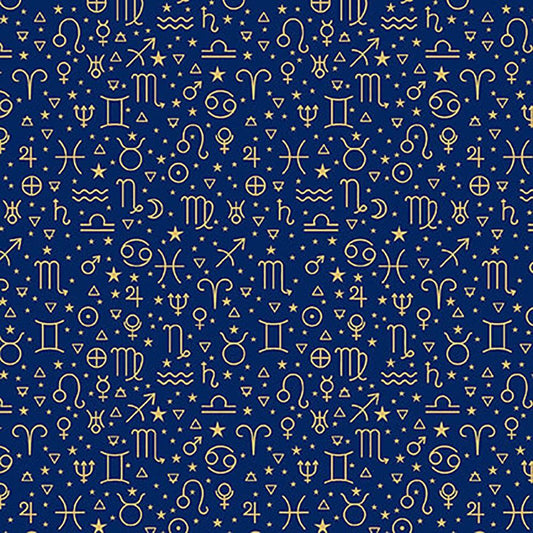Signs from Above Allover Zodiac Symbols Navy Blue Metallic Salt Meadow Studios Henry Glass Cotton Fabric HG-9597M-77