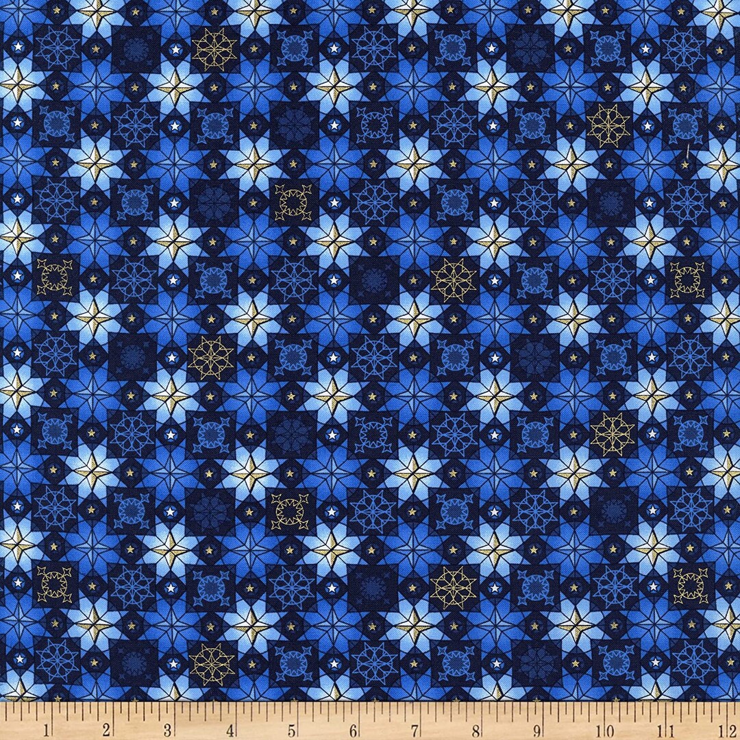 Signs from Above Star Tiles Navy Blue Metallic Salt Meadow Studios Henry Glass Cotton Fabric