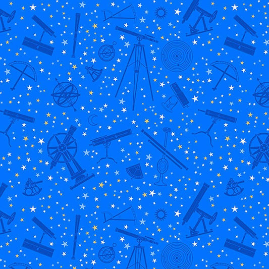 Signs from Above Tossed Astronomy Devices Blue Metallic Salt Meadow Studios Henry Glass Cotton Fabric HG-9596M-11