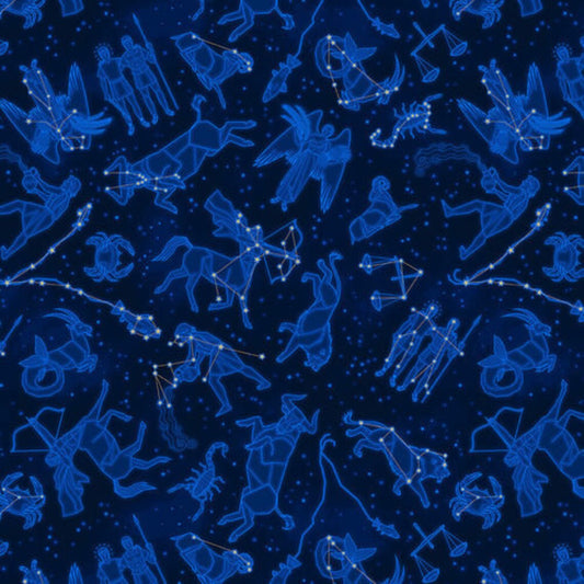 Signs from Above Tossed Zodiac Constellations Navy Blue Metallic Salt Meadow Henry Glass Cotton Fabric HG-9593M-77