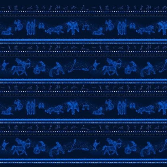 Signs from Above Zodiac Border Stripe Navy Blue Metallic Salt Meadow Studios Henry Glass Cotton Fabric HG-9598M-77