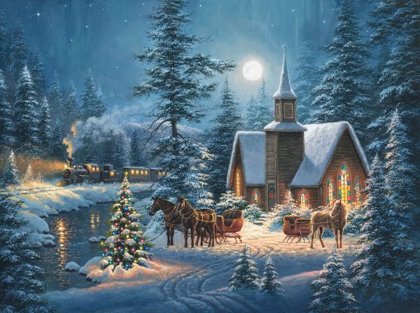 Silent Night Christmas Scenic Winter Panel 32" Dark Blue Multi Abraham Hunter Northcott Cotton Fabric