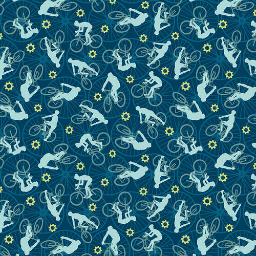 Silent Sports Tossed Bicyclists Dark Teal Judy Gauthier Studio E Cotton Fabric