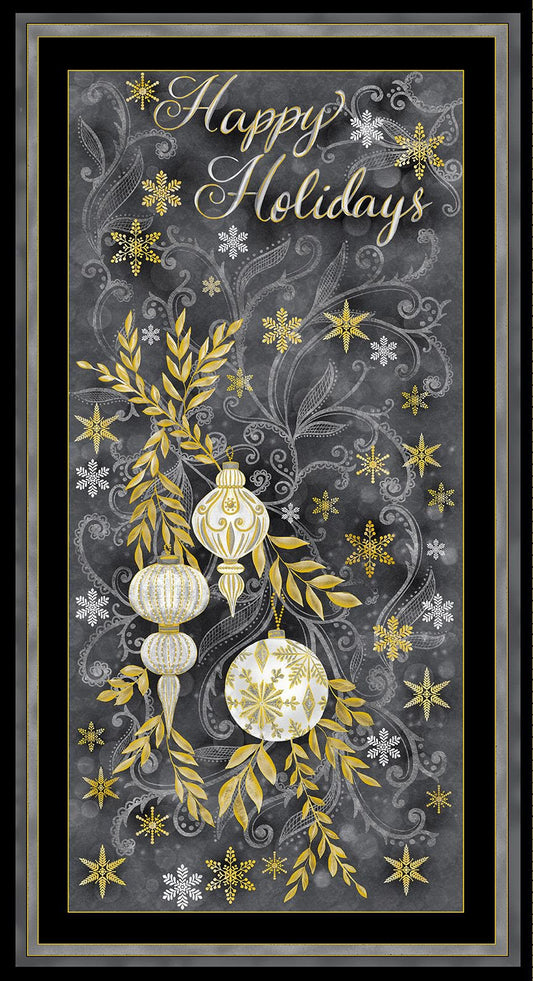 Silver & Gold Happy Holidays Panel 24" Grey Timeless Treasures Cotton Fabric TT-PANEL-CM2575-GREY