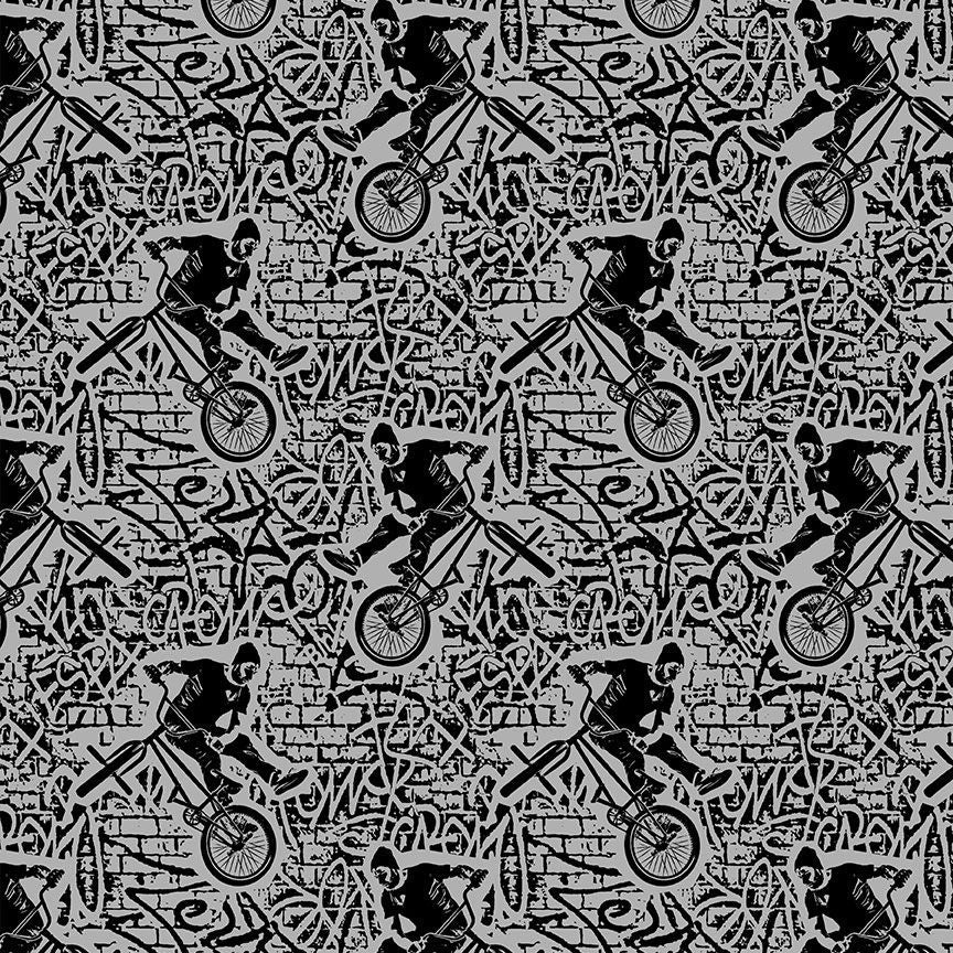 Skate Forever Bicycle Acrobat Grey Timeless Treasures Cotton Fabric TT-FUN-CD2143-GREY