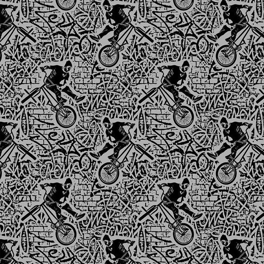 Skate Forever Bicycle Acrobat Grey Timeless Treasures Cotton Fabric TT-FUN-CD2143-GREY