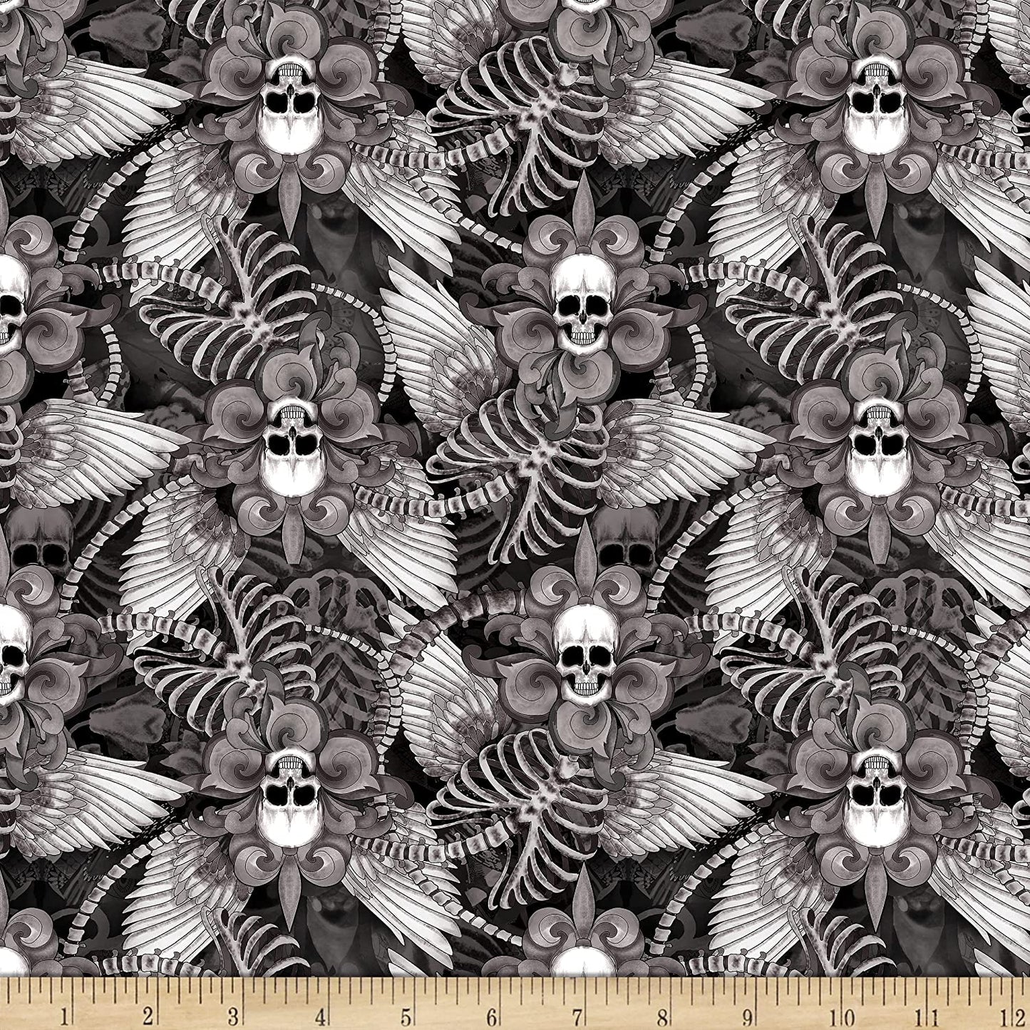 Skull Fleur De Lis Wings Black Last Dance Timeless Treasures Cotton Fabric