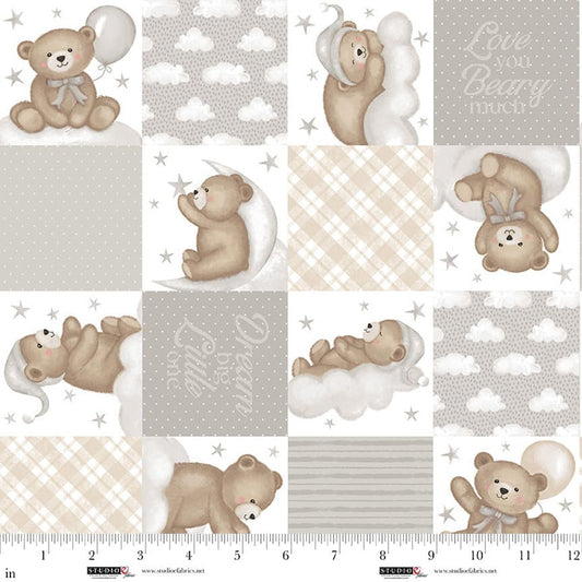 Sleepy Teddy Teddy Bear Patchwork Gray Multi Sharla Fults Studio E Cotton Fabric SE-8518-94