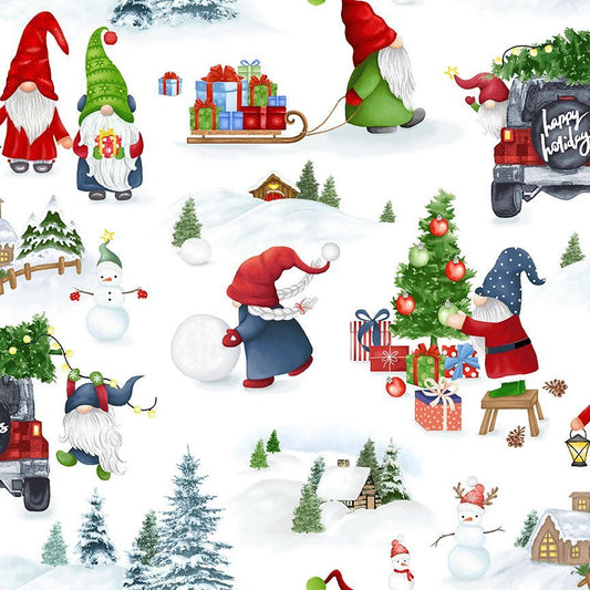 Sleigh All Day Gnome White Christmas Scenic White Timeless Treasures Cotton Fabric TT-HOLIDAY-CD2014-WHITE
