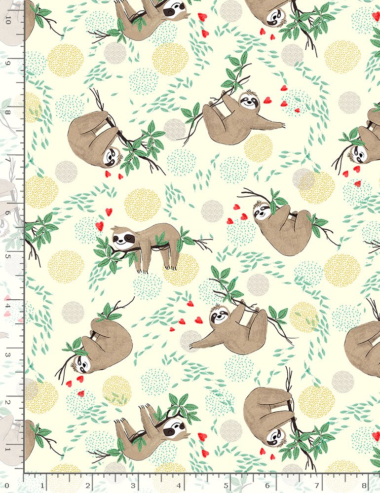 Slow and Steady Tossed Hanging Sloths Tree Branches Cream Timeless Treasures Cotton Fabric