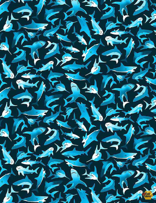 Small World Mini Sharks Navy Blue Timeless Treasures Cotton Fabric