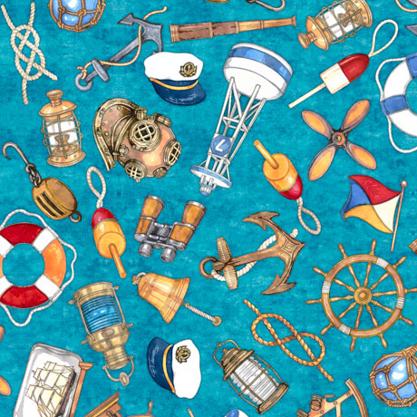 Smooth Sailing Nautical Toss Dark Turquoise Dan Morris Quilting Treasures Cotton Fabric