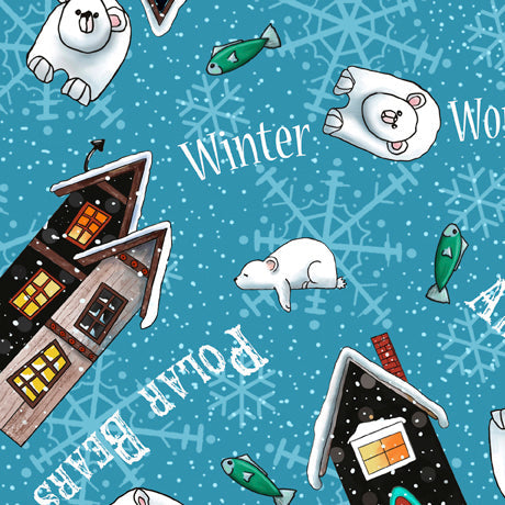 Snow Bear Village Snow Bear Toss Blue Quilting Treasures Cotton Fabric