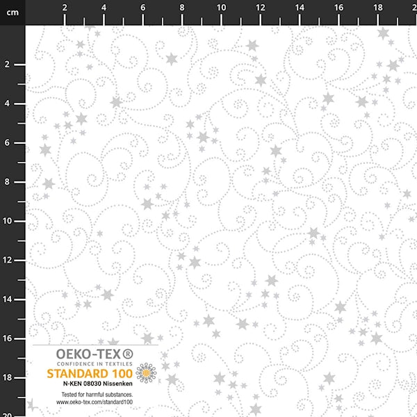 Snow Crystals Metallic Silver Swirls Stars White Stof Cotton Fabric STOF-4593-108