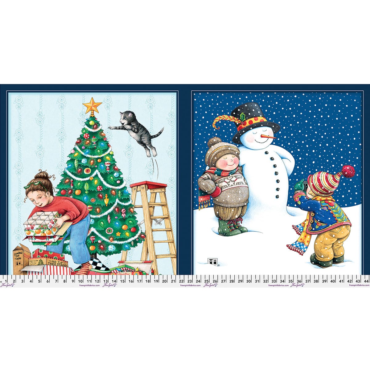 Snow Day Snowman Christmas Tree Panel 23" Mary Engelbreit Free Spirit Cotton Fabric FS-PWMY038.PANEL | US Fabric Shop