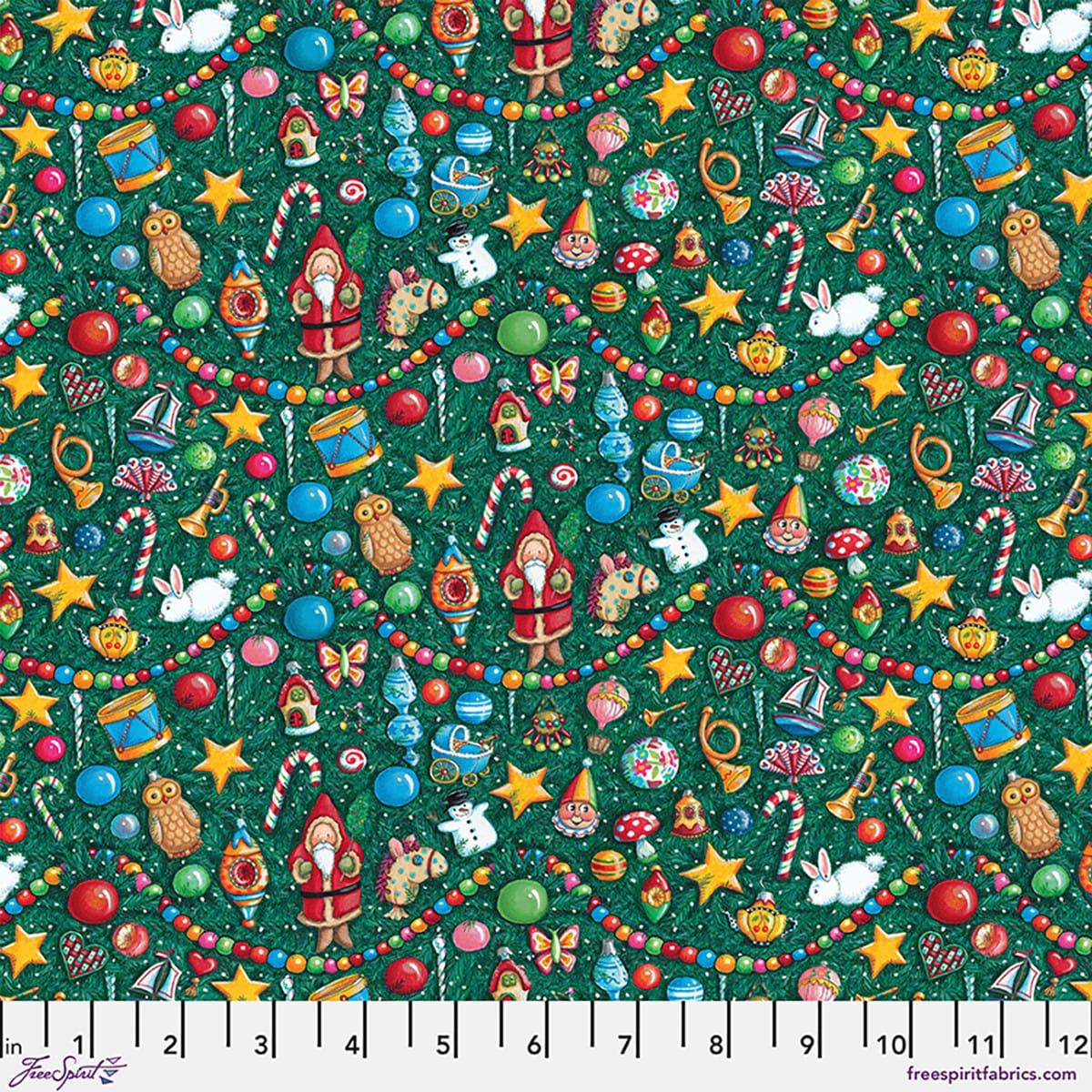 Snow Day Time to Decorate Ornaments Lights Evergreen Mary Engelbreit Free Spirit Cotton Fabric FS-PWMY035.EVERGREEN | US Fabric Shop