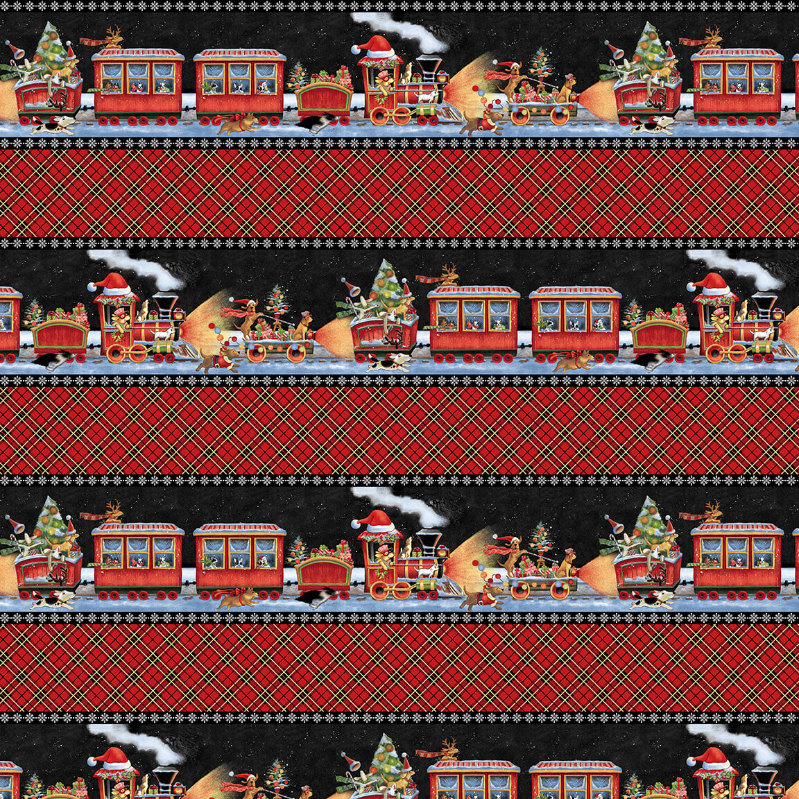Snow Dog Express Border Stripe Black Geoff Allen Studio E Fabrics Cotton Fabric