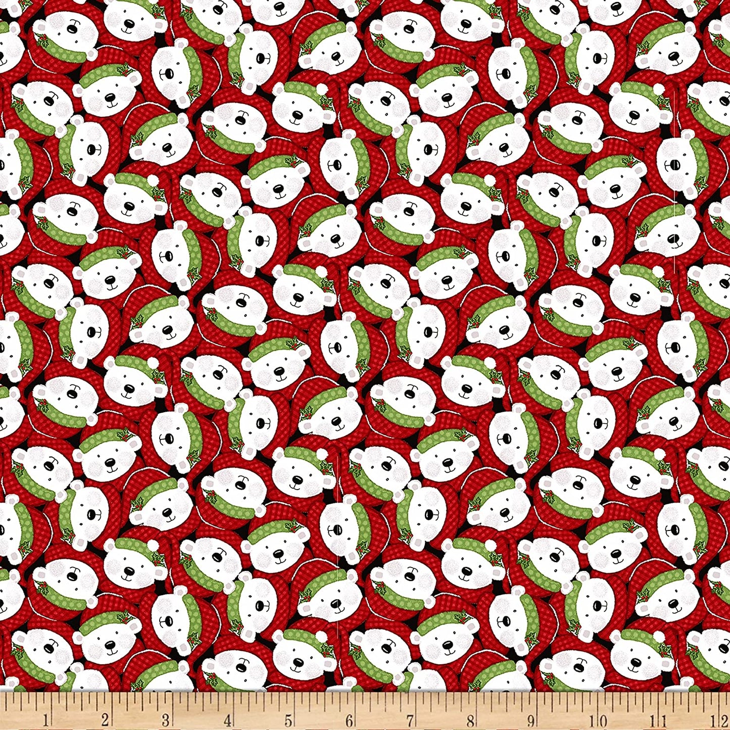 Snow Merry Polar Bear Faces Red Studio E Cotton Fabric