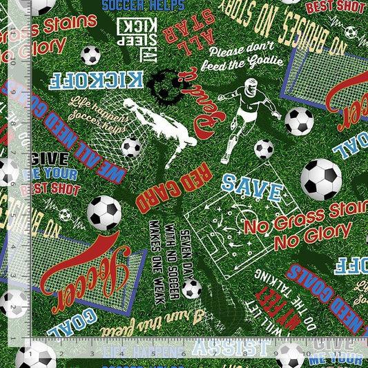 Soccer Star Soccer Words on Grass Green Gail Cadden Timeless Treasures Cotton Fabric TT-GAIL-CD3011-GREEN