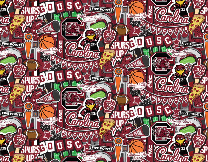 South Carolina Gamecocks NCAA College Doodle Allover Sammy Sykel Cotton Fabric SC-2001