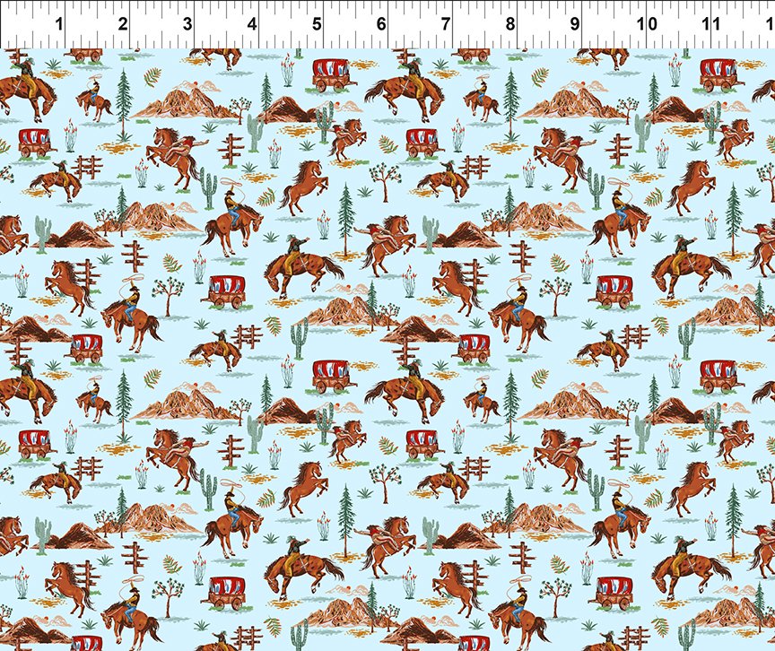 Southwest Minis WagonsBlue Jason Yenter In The Beginning Cotton Fabric ITB-13SWM-1 | US Fabric Shop