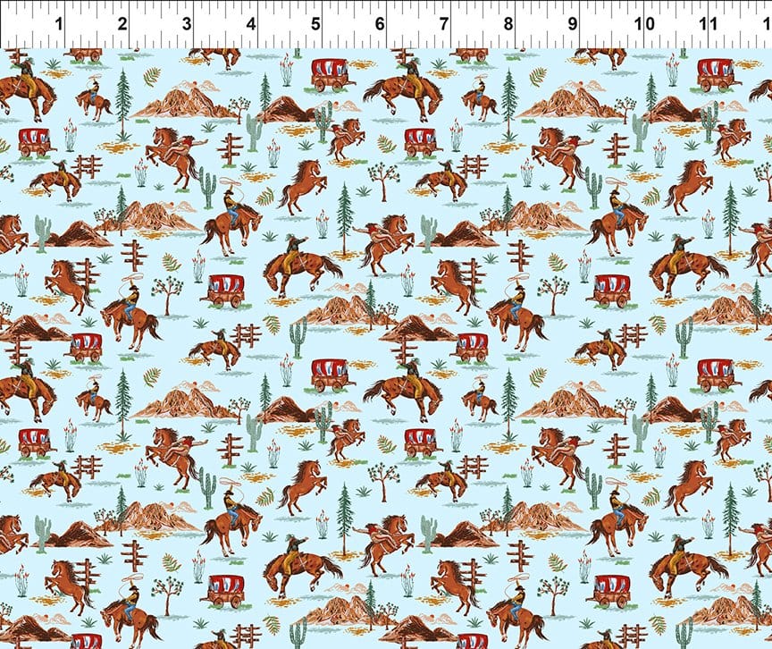 Southwest Minis WagonsBlue Jason Yenter In The Beginning Cotton Fabric ITB-13SWM-1 | US Fabric Shop