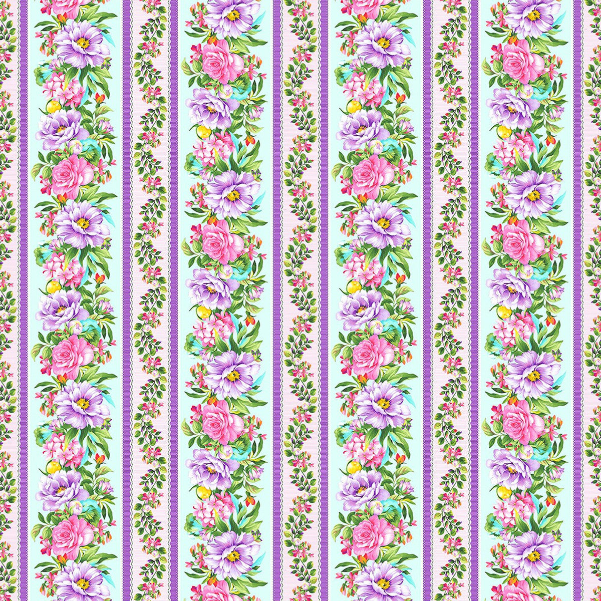 Splendid Path Floral Border Stripe Aqua Blue Karen Montgomery Studio E Cotton Fabric