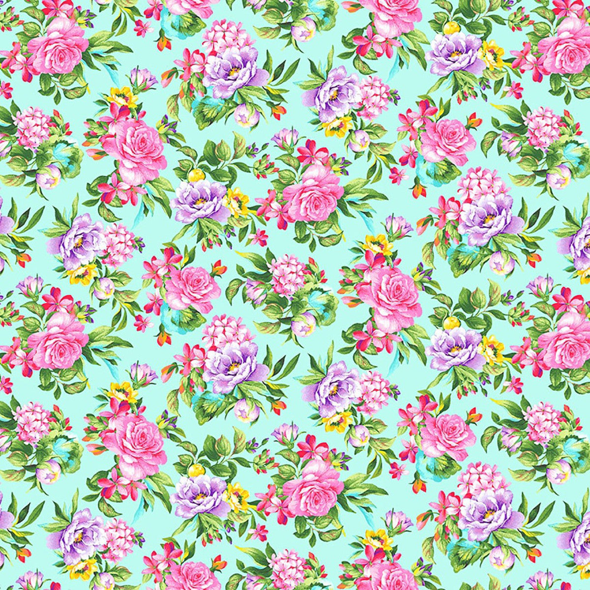 Splendid Path Tossed Floral Aqua Blue Karen Montgomery Studio E Cotton Fabric
