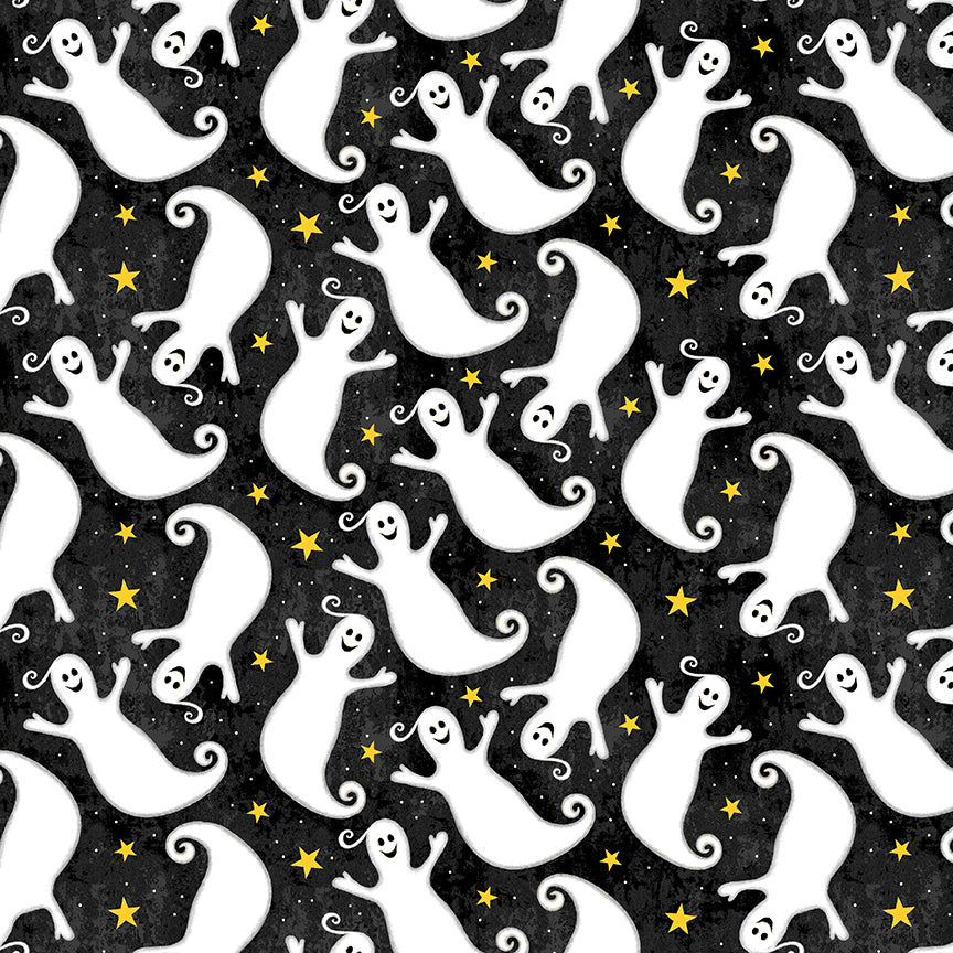 Spooky Friends Tossed Ghost Black Sharla Fults Studio E Cotton Fabric SE-7053G-90