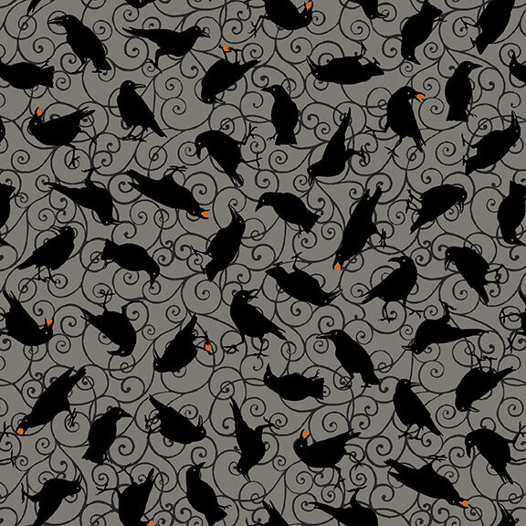 Spooky Night Tossed Crows Grace Popp Studio E Cotton Fabric SE-5722-91 Gray