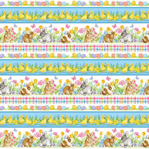 Spring is Hare Border Stripe Multi StudioEvaV Blank Quilting Cotton Fabric BQ-3263-14