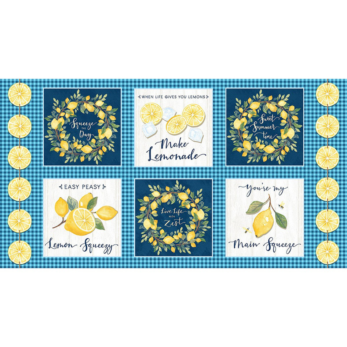 Squeeze the Day 24" Block Print Panel Navy Blue Yellow Rebecca Canale Studio E Cotton Fabric