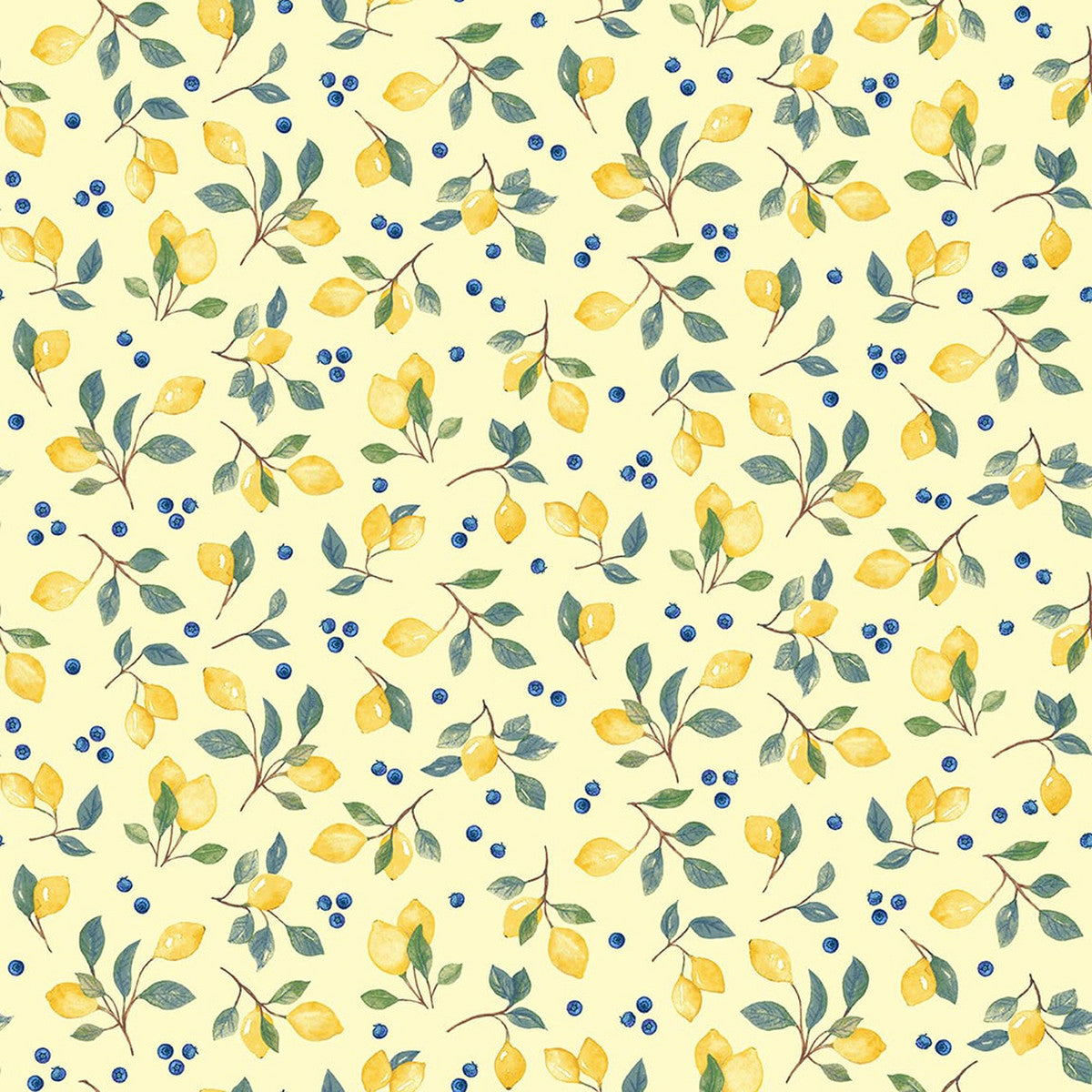 Squeeze the Day Lemons and Blueberries Tossed Yellow Rebecca Canale Studio E Cotton Fabric