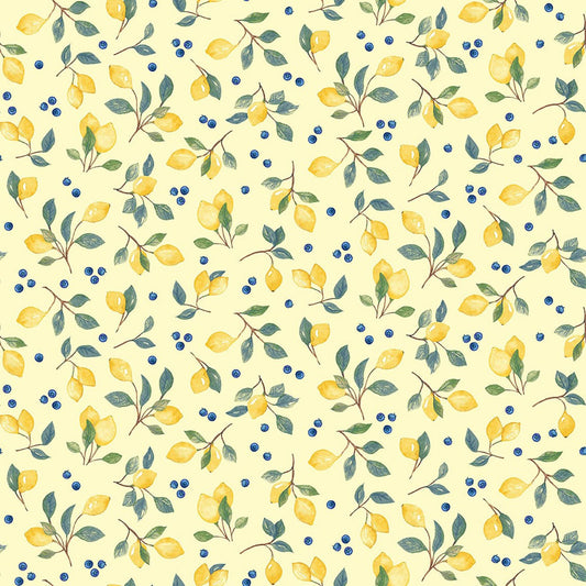 Squeeze the Day Lemons and Blueberries Tossed Yellow Rebecca Canale Studio E Cotton Fabric
