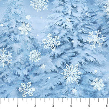 St. Nicholas Snowy Trees Medium Blue Liz Goodrick-Dillon Northcott Cotton Fabric NC-28217-46