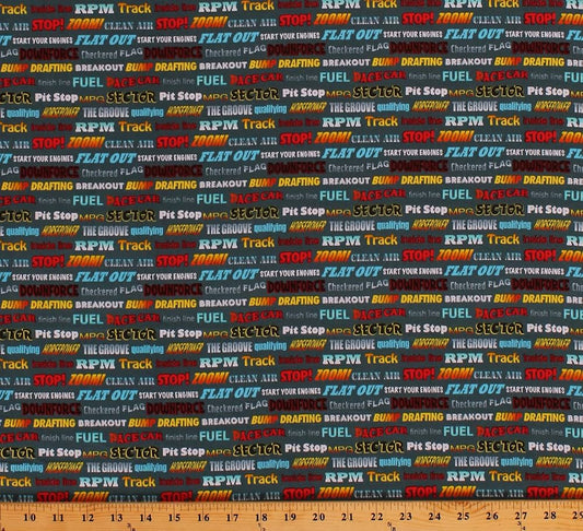 Start your Engines Car Drivers Term Words Dark Gray Robert Giordano Henry Glass Cotton Fabric