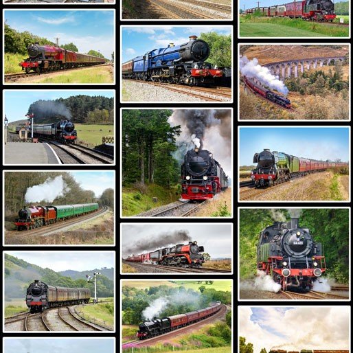 Steam Trains Picture Collage Black Kennard & Kennard Cotton Fabric KK-1098-F