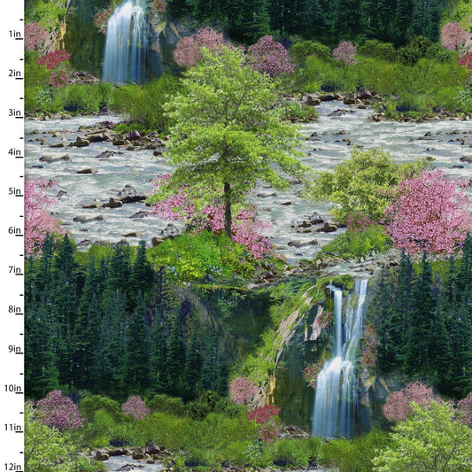 Steam the Spring Scenic Waterfall Multi Michael Shelton 3 Wishes Fabrics Cotton Fabric