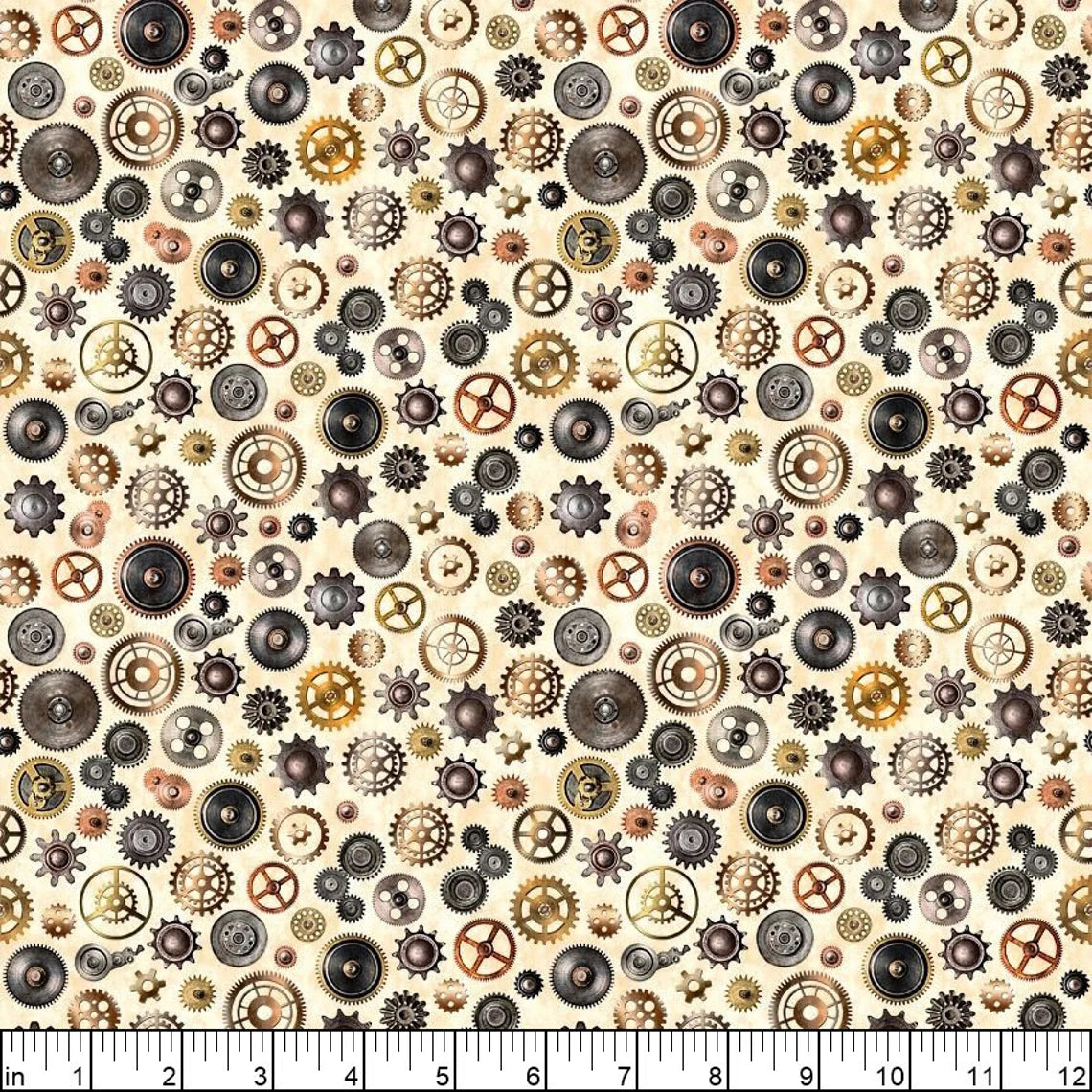 Steampunk Adventures Gears Toss Ecru Cream Dan Morris Quilting Treasures Cotton Fabric