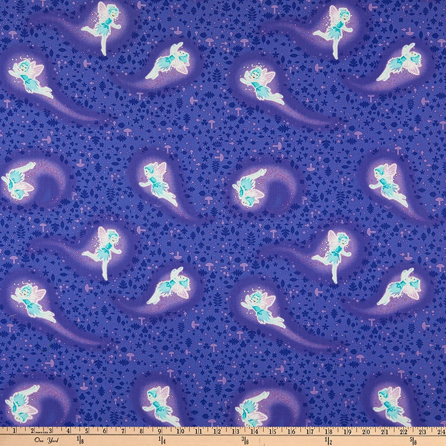 Summer Night Soiree Glow in the Dark Flying Fairies multi colored purple Cotton Fabric