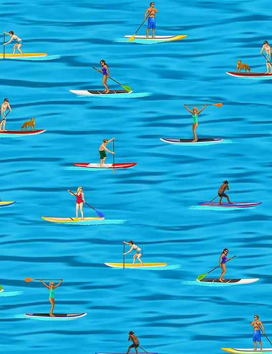 Summer Sports People Water Paddling by the Beach Blue Timeless Treasures Cotton Fabric