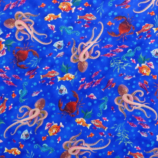 Sun & Sea Sea Life Blue David Galchutt Quilting Treasures Cotton Fabric QT-28678-Y