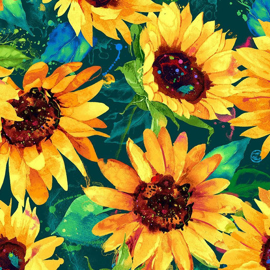 Sundance Sunflowers Floral Hunter Green Chong-A-Hwang Timeless Treasures Cotton Fabric TT-FLORA-CD3301-Hunter