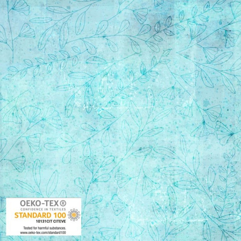 Sunset Bloom Leaves Light Turquoise Stof Blank Quilting Cotton Fabric BQ-4502-944