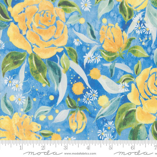 Sunshine & Blue Skies Rose Upon Rows Floral Watercolor Bluebell Light Blue Create Joy Project Moda Cotton Fabric