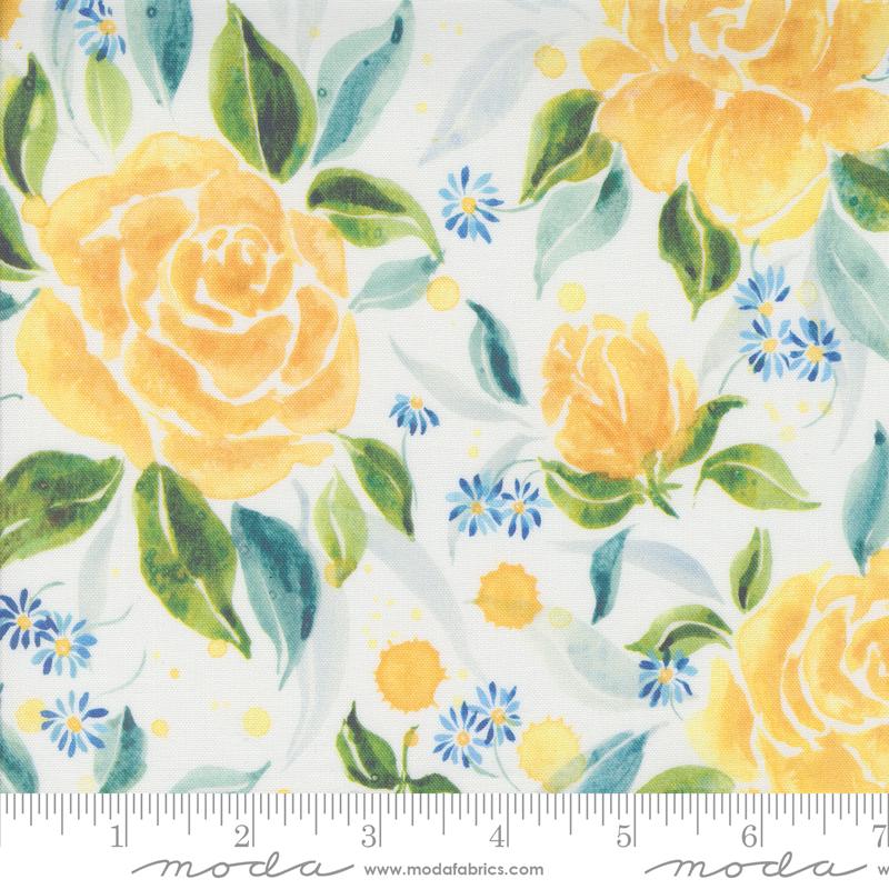 Sunshine & Blue Skies Rose Upon Rows Floral Watercolor Cloud Multi Create Joy Project Moda Cotton Fabric