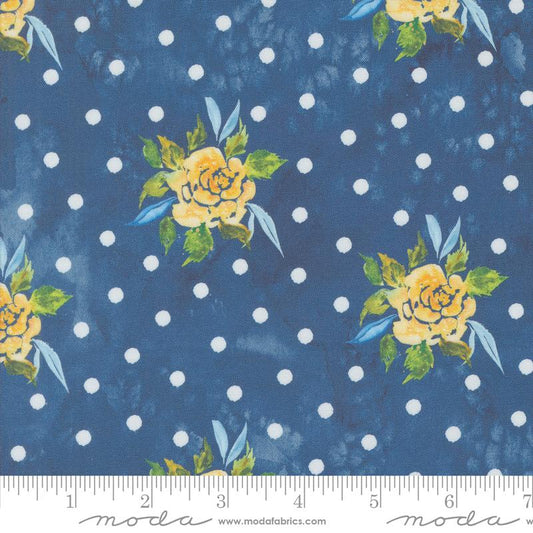 Sunshine & Blue Skies Rosey Dots Floral Watercolor Lake Dark Blue Create Joy Project Moda Cotton Fabric