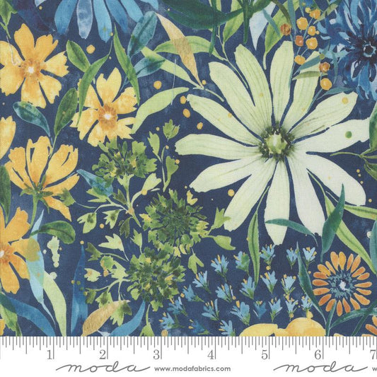 Sunshine & Blue Skies Sunny Days Floral Watercolor Lake Dark Blue Create Joy Project Moda Cotton Fabric