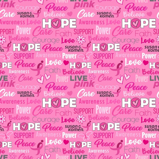 Susan G Komen Words of Hope Light Pink Breast Cancer Sykel Enterprises Cotton Fabric SYK-10566-LTPINK-SGK